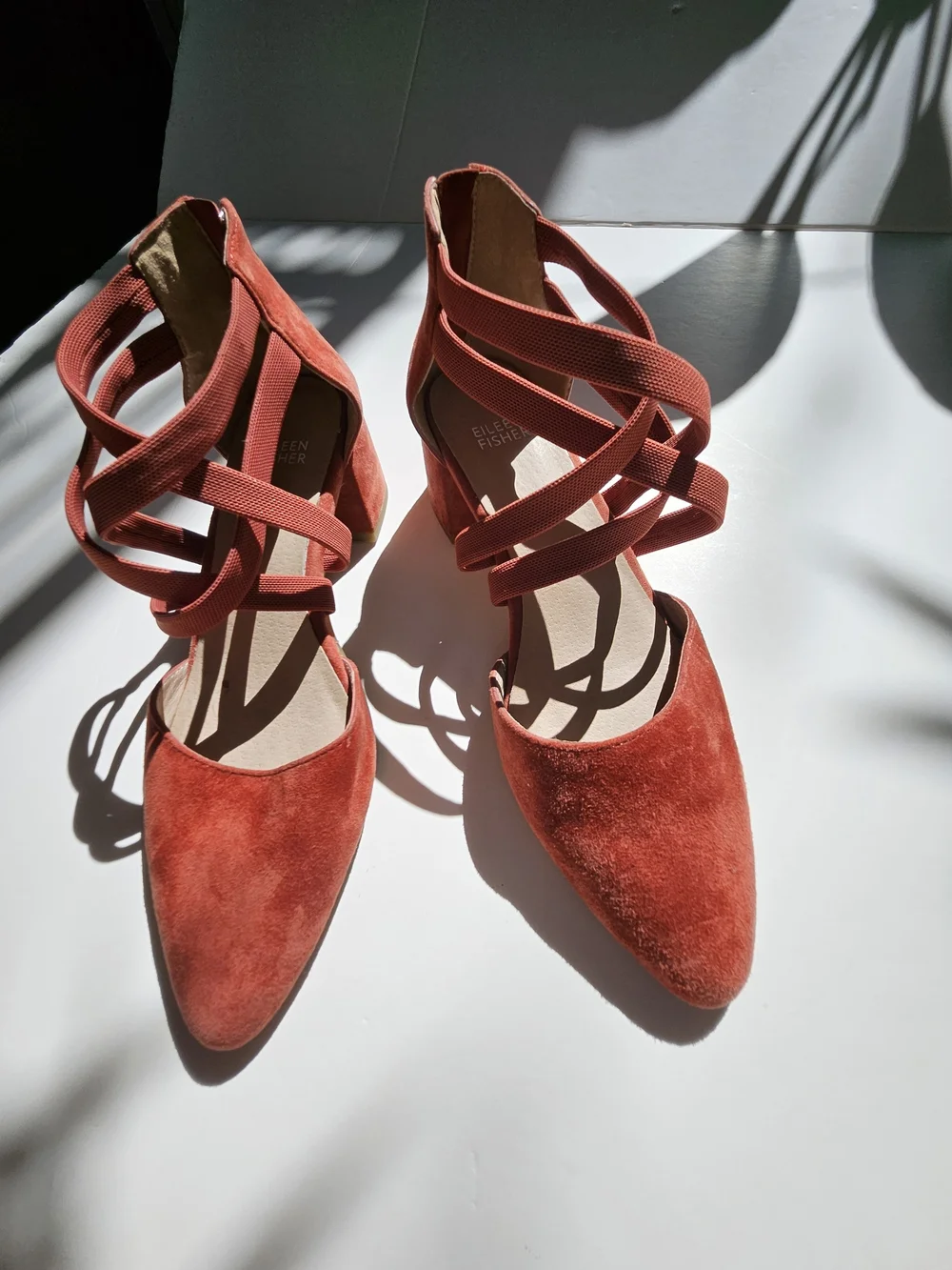 Eileen Fisher Juku Rust Suede Strappy Pointed Toe Block Heel Shoes Size 8 NWOT